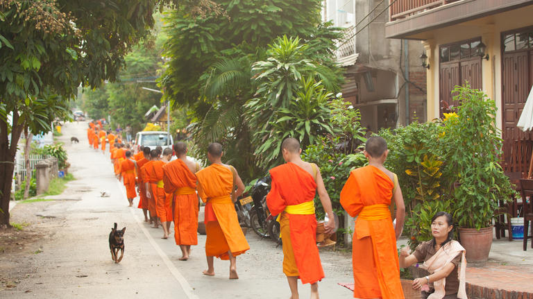 Buddhist monks gathering morning alms