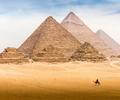 man on camel in front of pyramids